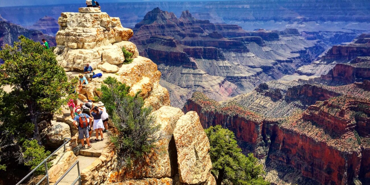 Visitors at Bright Angel Point overlooking the Grand Canyon North Rim