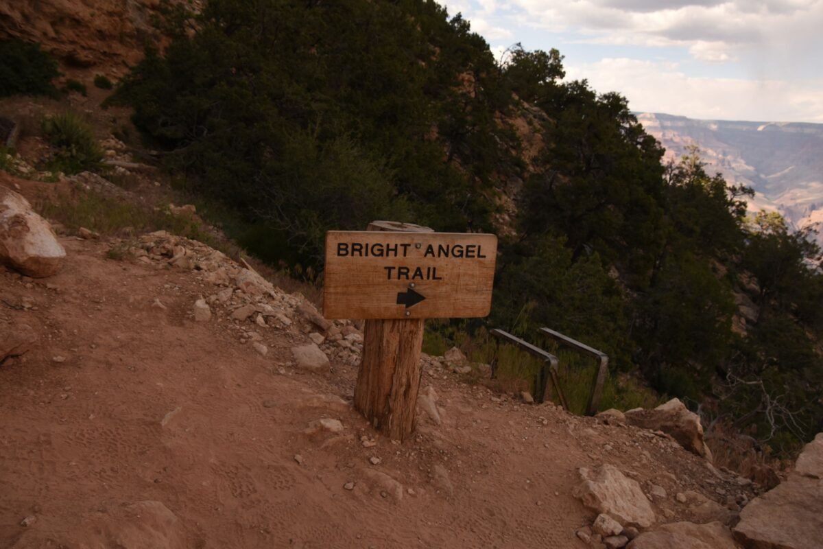 Bright Angel Trail sign along a Grand Canyon hiking route near Grand Canyon Village
