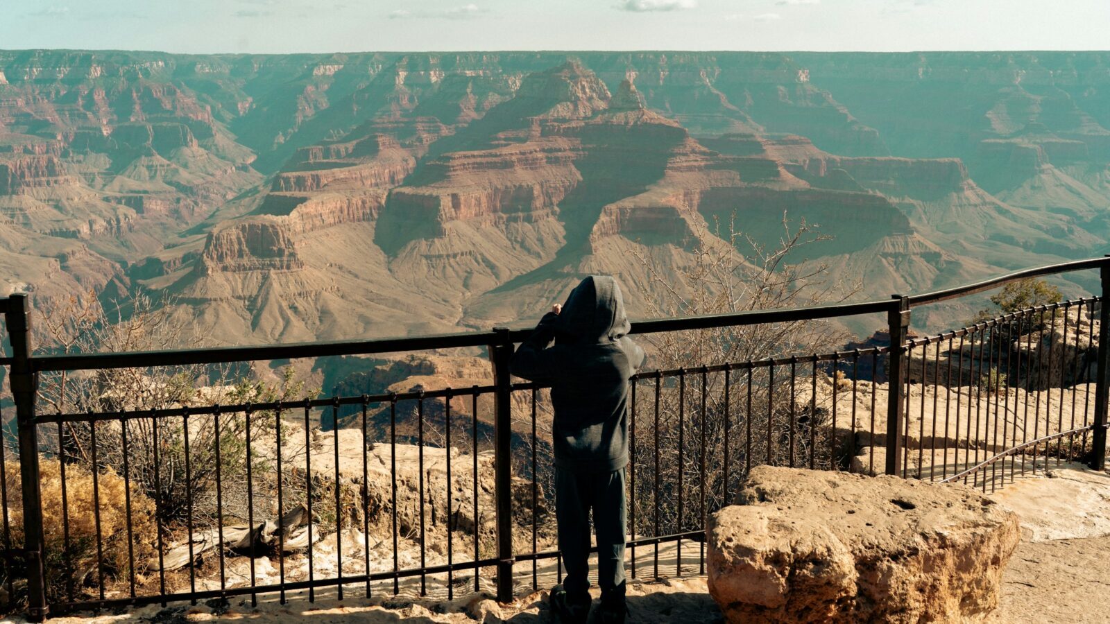 Visitor looking out across the Grand Canyon from the South Rim