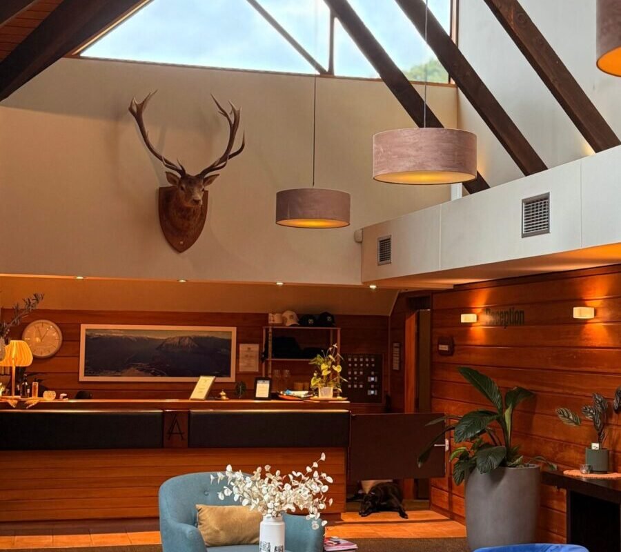 Warm lodge interior with rustic wood details and comfortable seating