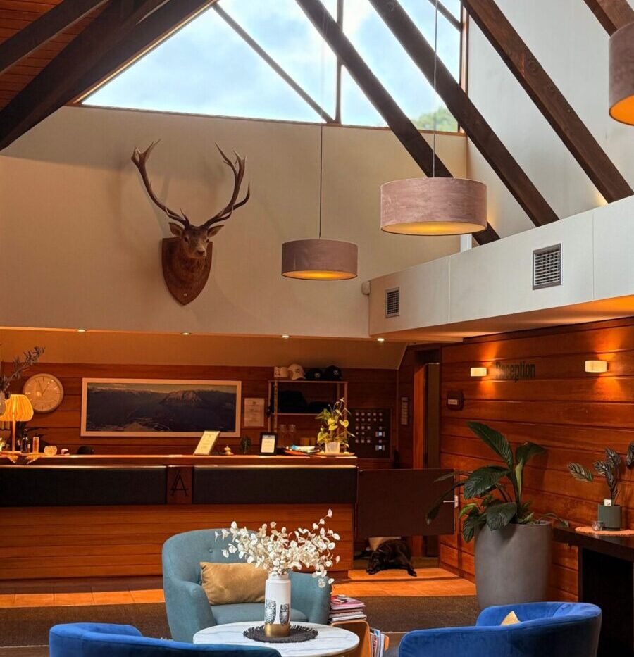Warm lodge interior with rustic wood details and comfortable seating