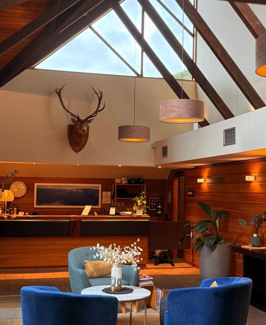 Warm lodge interior with rustic wood details and comfortable seating