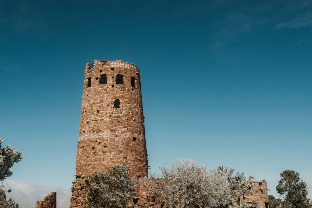 Desert View Watchtower surrounded by snow at Grand Canyon National Park