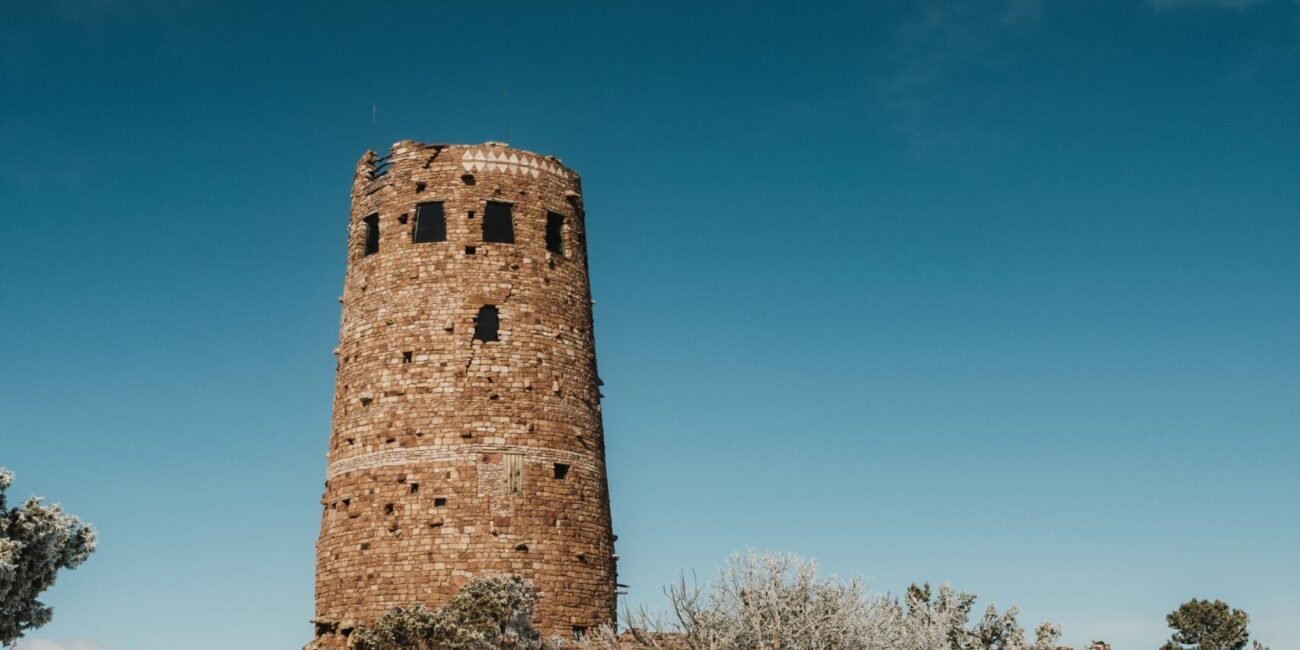 Desert View Watchtower surrounded by snow at Grand Canyon National Park