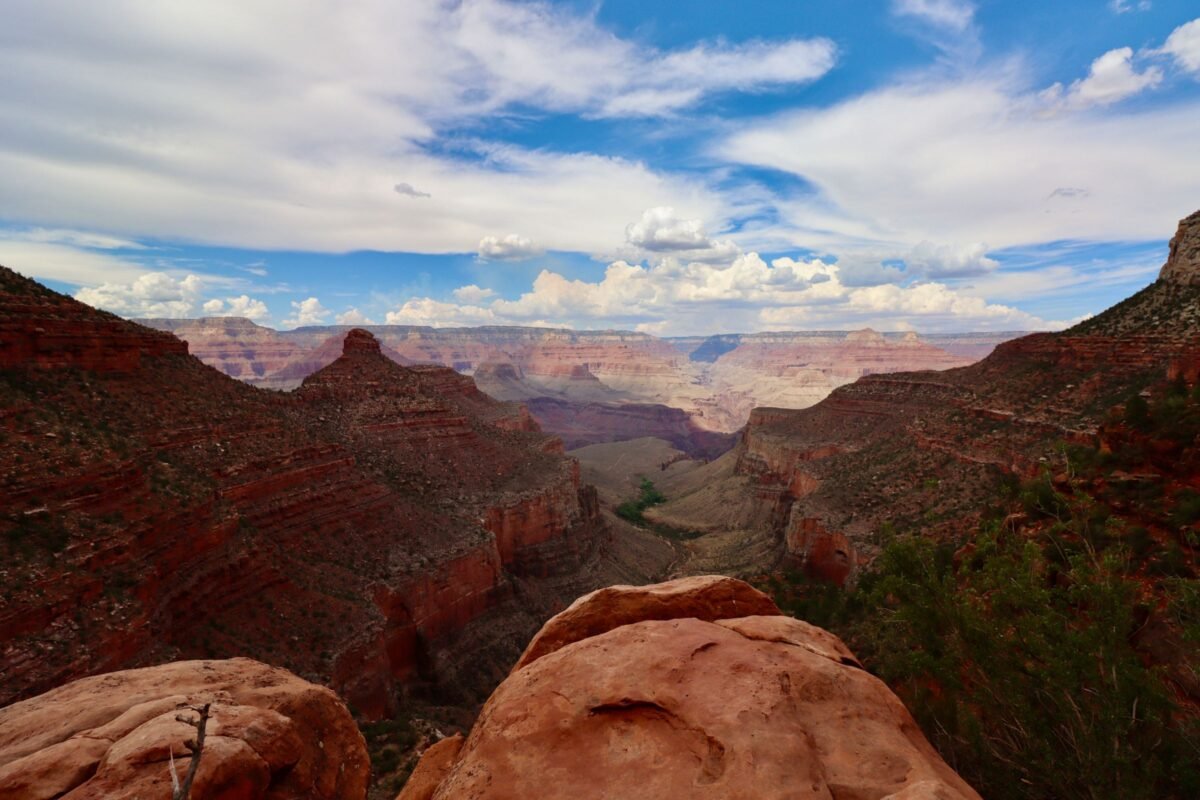 Wide view across Grand Canyon rock formations from the South Rim