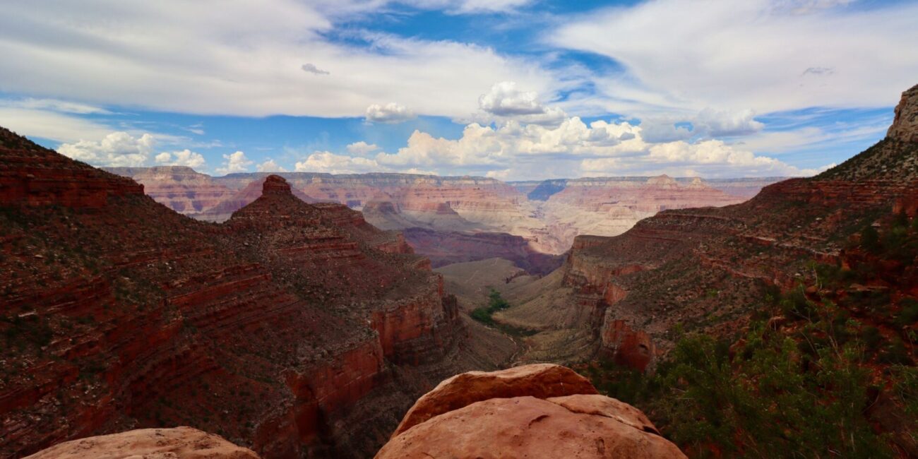Wide view across Grand Canyon rock formations from the South Rim