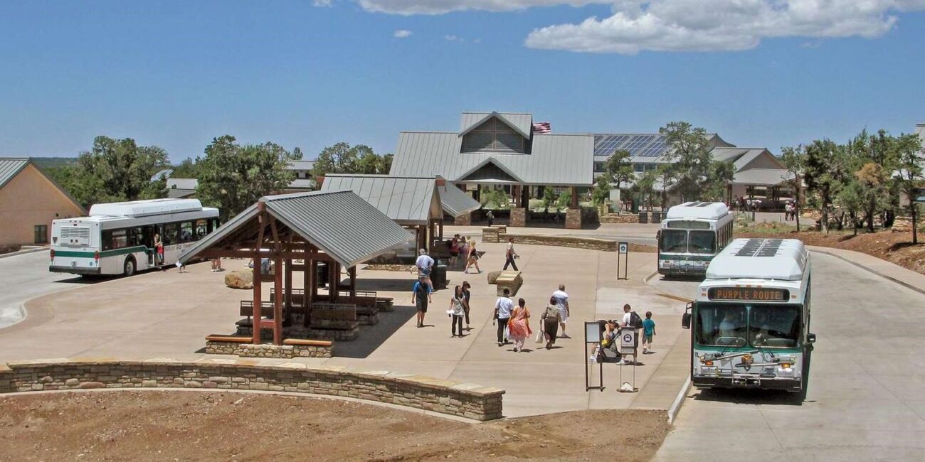 Grand Canyon shuttle buses at the Visitor Center transit terminal on the South Rim