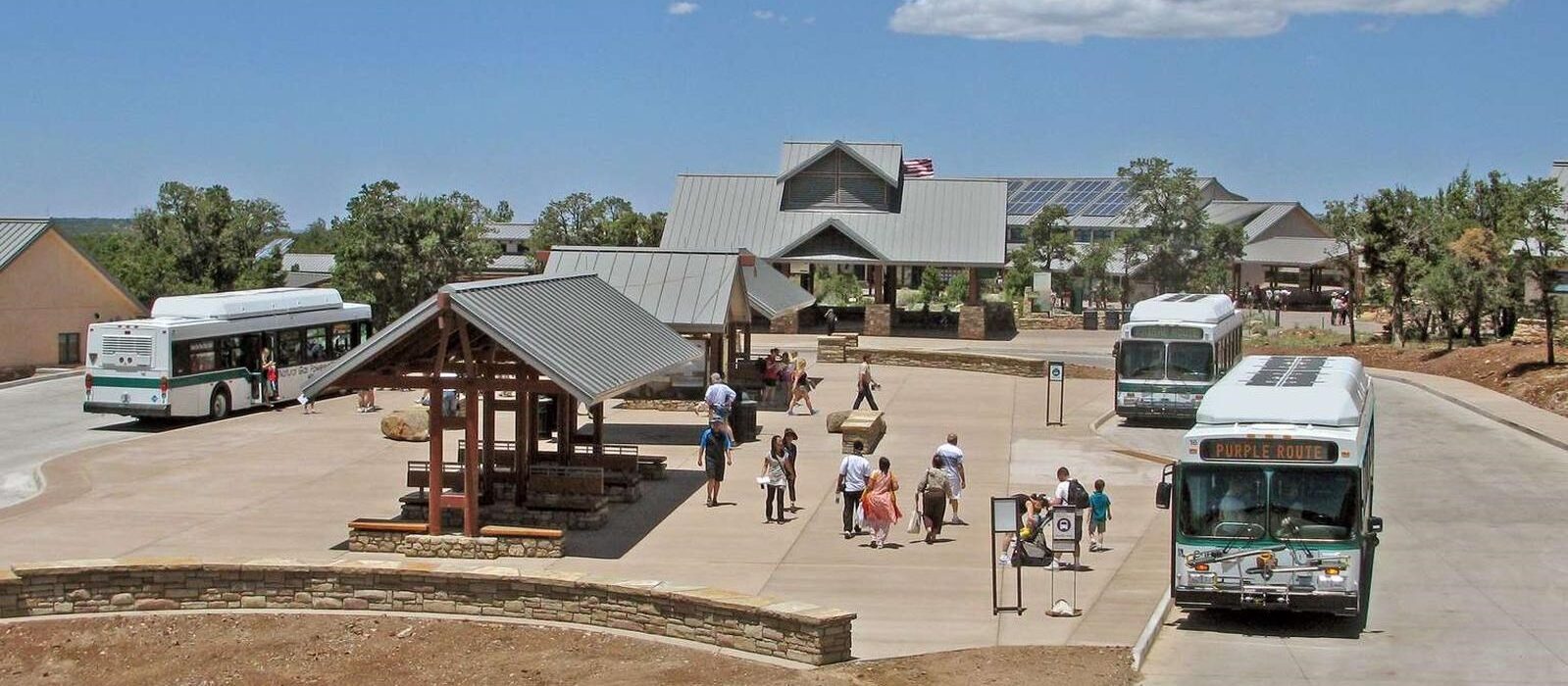 Grand Canyon shuttle buses at the Visitor Center transit terminal on the South Rim