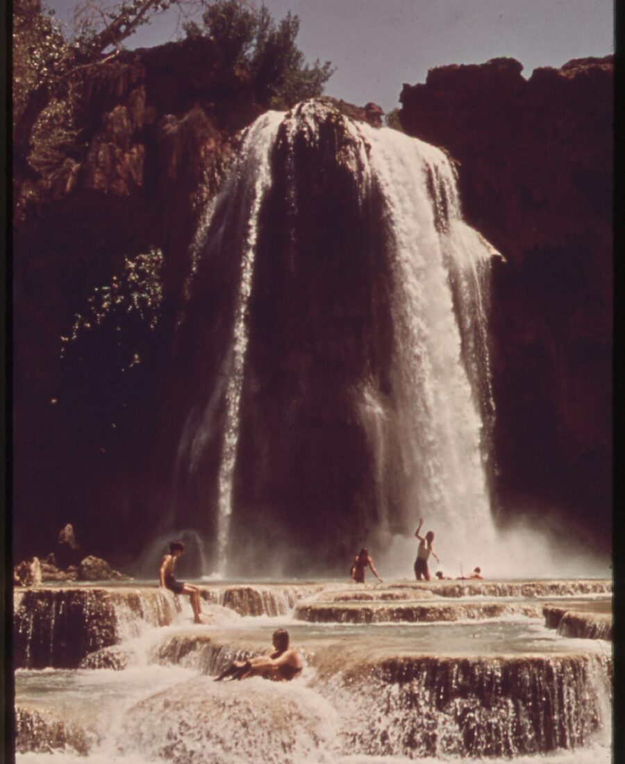 Historic 1972 view of Havasu Falls cascading into travertine pools near Supai in Havasu Canyon