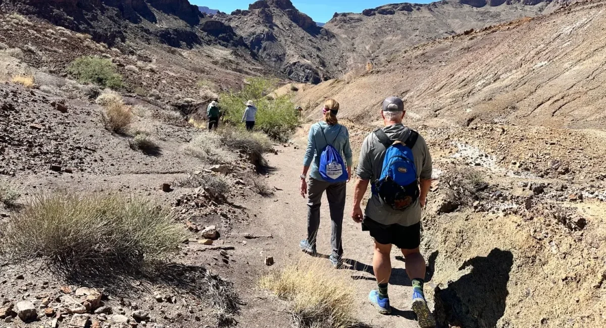 Hikers following a trail through rugged inner Grand Canyon terrain