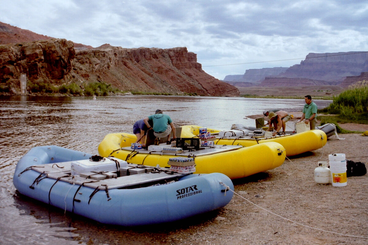 Rafts being prepared at Lees Ferry on the Colorado River in northern Arizona