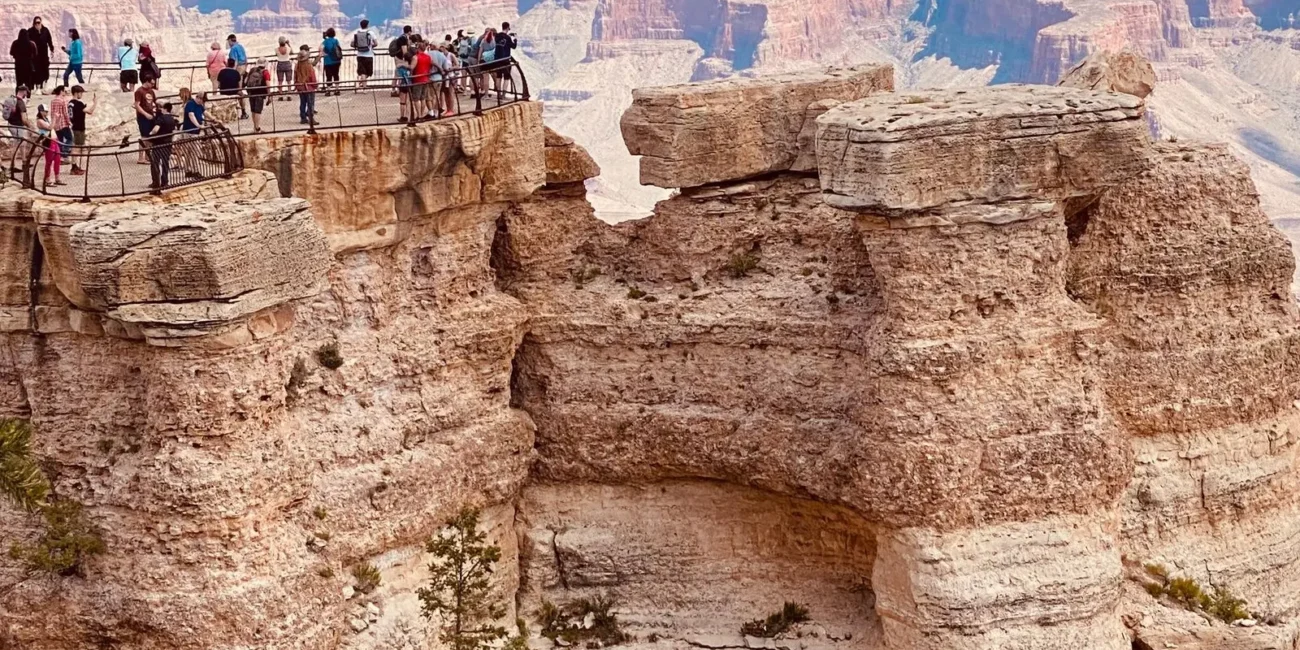 Visitors gathered at a Mather Point overlook at the Grand Canyon