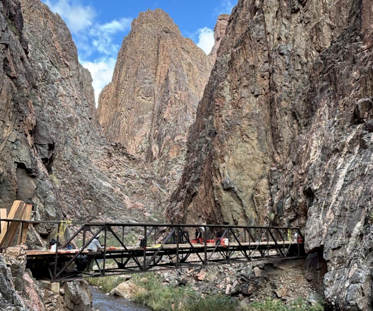 North Kaibab Trail footbridge above Phantom Ranch in Grand Canyon National Park, photographed during trail work before the August 29, 2026 flash flood
