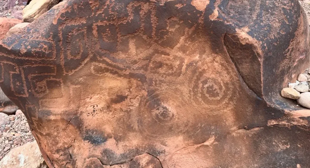 Ancient petroglyphs carved into dark Grand Canyon rock