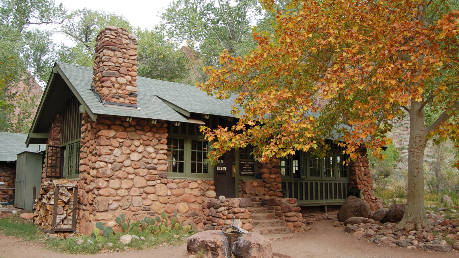 Phantom Ranch lodge beneath cottonwood trees in Grand Canyon National Park