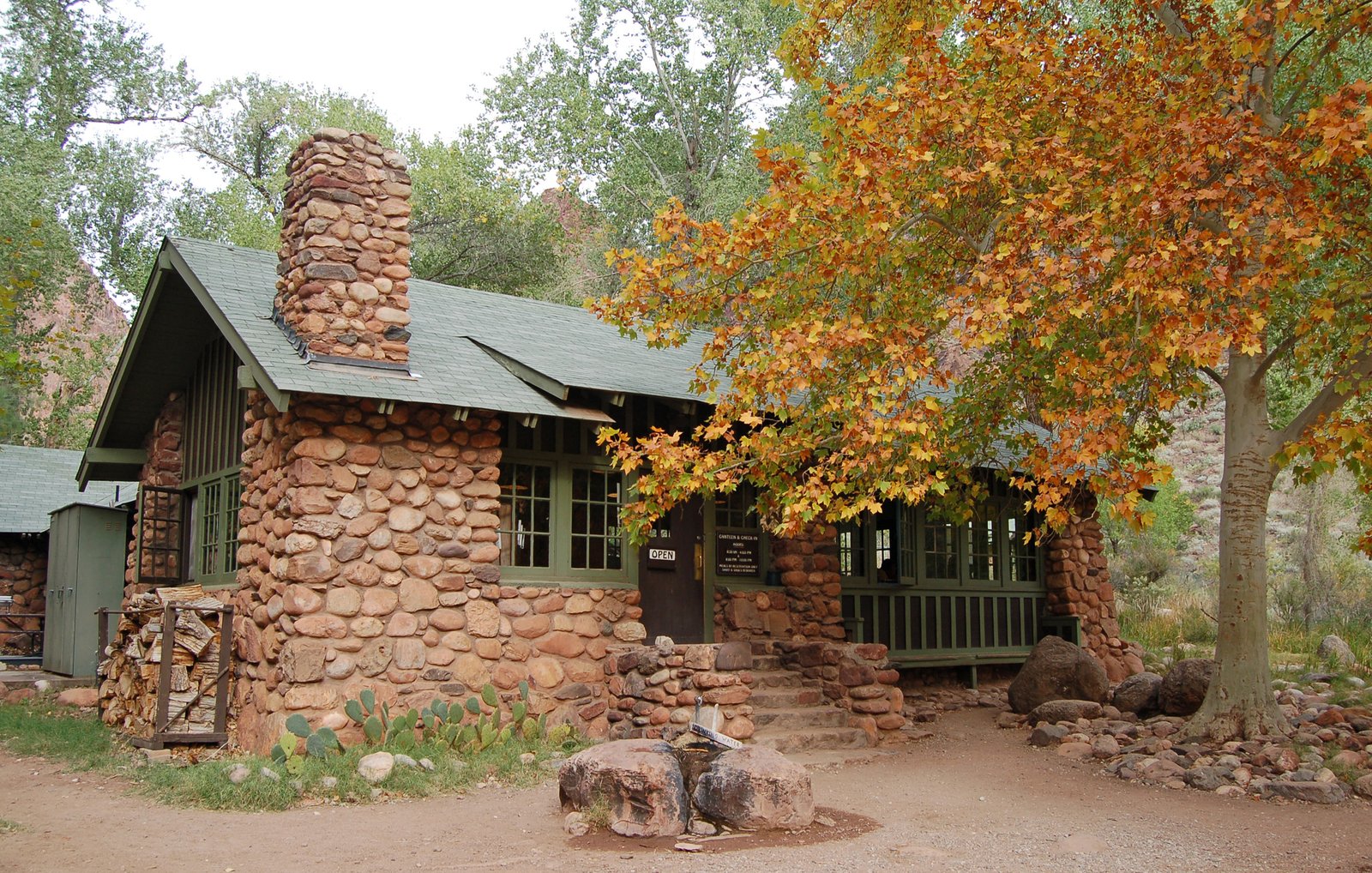 Phantom Ranch lodge beneath cottonwood trees in Grand Canyon National Park
