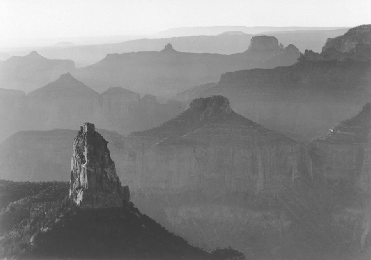 Historic black-and-white Grand Canyon panorama photographed from Point Imperial on the North Rim